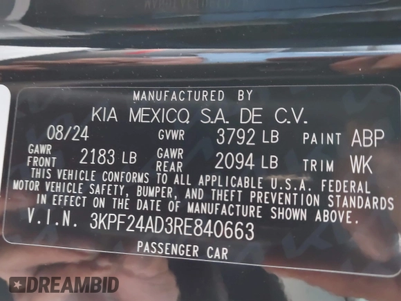 2024 Kia Forte LXS with VIN 3KPF24AD3RE840663, listed as a IAAI auction lot 41858540 with 4,551 mi miles and . Bid and sale history available at DreamBid. Image 9.