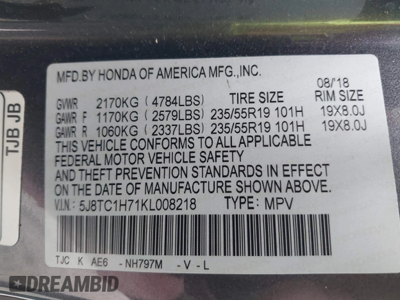 2019 Acura RDX Advance with VIN 5J8TC1H71KL008218, listed as a IAAI auction lot 41793344 with 110,633 mi miles and . Bid and sale history available at DreamBid. Image 9.