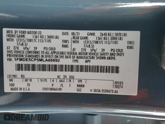 2021 Ford Bronco with VIN 1FMDE5CP5MLA66892, listed as a Copart auction lot 76394824 with 28,750 mi miles and Non repairable. Bid and sale history available at DreamBid. Image 14.
