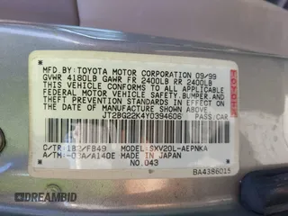 2000 Toyota Camry CE z VIN JT2BG22K4Y0394606, wystawiony jako IAAI lot #42342175 z przebiegiem 245 616 mil mil oraz . Historia ofert i sprzedaży dostępna na DreamBid. Obrazek 9.