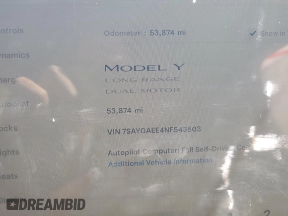 2022 Tesla Model Y Long Range z VIN 7SAYGAEE4NF543503, wystawiony jako Copart lot #47143155 z przebiegiem 53 874 mil mil oraz Szkody całkowita. Historia ofert i sprzedaży dostępna na DreamBid. Obrazek 9.