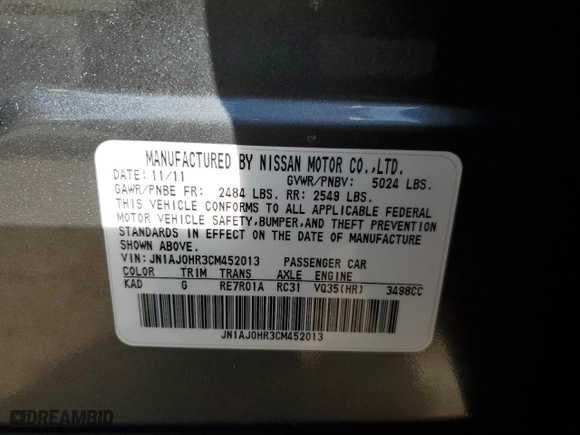 2012 Infiniti EX35 Journey with VIN JN1AJ0HR3CM452013, listed as a Copart auction lot 45413185 with 67,536 mi miles and Salvage Title. Bid and sale history available at carsss.com. Image 13.