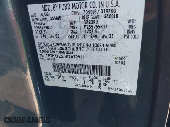 2004 Ford F-150 XL with VIN 1FTPX12574NA72931, listed as a IAAI auction lot 41401402 with 189,466 mi miles and . Bid and sale history available at DreamBid. Image 9.