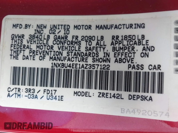 2010 Toyota Corolla with VIN 1NXBU4EE1AZ357122, listed as a IAAI auction lot 42514627 with 114,271 mi miles and . Bid and sale history available at DreamBid. Image 9.
