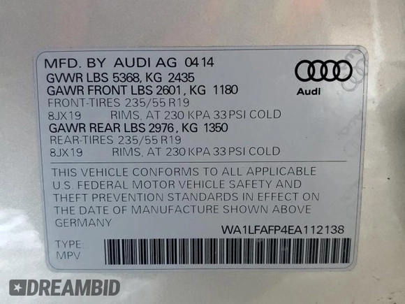 2014 Audi Q5 Premium Plus with VIN WA1LFAFP4EA112138, listed as a Copart auction lot 86571644 with 110,613 mi miles and Salvage Title. Bid and sale history available at carsss.com. Image 13.
