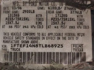 1996 Ford F-150 Special with VIN 1FTEF14N8TLB68925, listed as a IAAI auction lot 41175468 with 188,711 mi miles. Bid and sale history available at carsss.com. Image 9.
