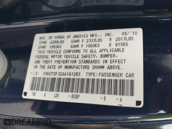 2010 Honda Accord LX with VIN 1HGCP2F32AA141283, listed as a IAAI auction lot 42300792 with Not provided miles and . Bid and sale history available at DreamBid. Image 9.