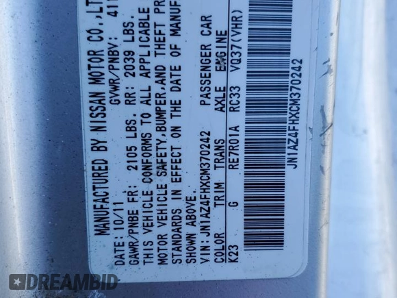 2012 Nissan 370Z Touring with VIN JN1AZ4FHXCM370242, listed as a Copart auction lot 45984005 with 71,579 mi miles and Salvage Title. Bid and sale history available at carsss.com. Image 14.