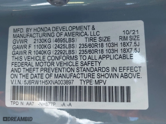 2022 Honda CR-V EX with VIN 5J6RW1H5XNA003897, listed as a IAAI auction lot 40785567 with 1 mi miles. Bid and sale history available at carsss.com. Image 9.