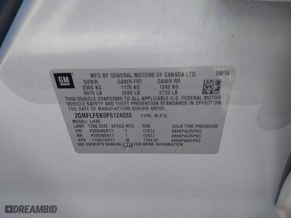 2015 Chevrolet Equinox LT with VIN 2GNFLFEK0F6124033, listed as a IAAI auction lot 41840658 with 204,079 mi miles. Bid and sale history available at carsss.com. Image 9.