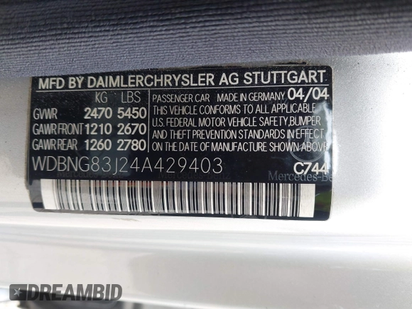 2004 Mercedes-Benz S-Class 4.3L with VIN WDBNG83J24A429403, listed as a IAAI auction lot 41744817 with 188,291 mi miles. Bid and sale history available at carsss.com. Image 9.