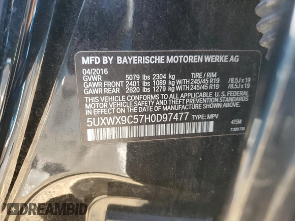 2017 BMW X3 xDrive28i with VIN 5UXWX9C57H0D97477, listed as a Copart auction lot 45215085 with 135,507 mi miles and Salvage Title. Bid and sale history available at DreamBid. Image 13.