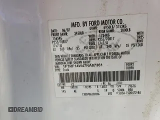 2007 Ford F-150 XL with VIN 1FTRF14W47NA87361, listed as a Copart auction lot 48165725 with 266,678 mi miles and Clean title. Bid and sale history available at DreamBid. Image 12.