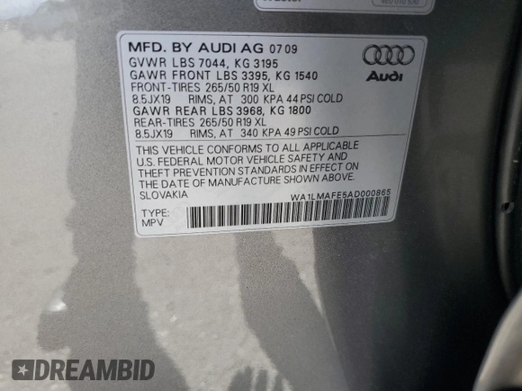 2010 Audi Q7 Premium Plus с VIN WA1LMAFE5AD000865, выставлен на аукционе Copart как лот 57722955 с пробегом 125 324 миль миль и Списание • Salvage title. История ставок и продаж доступна на DreamBid. Изображение 13.