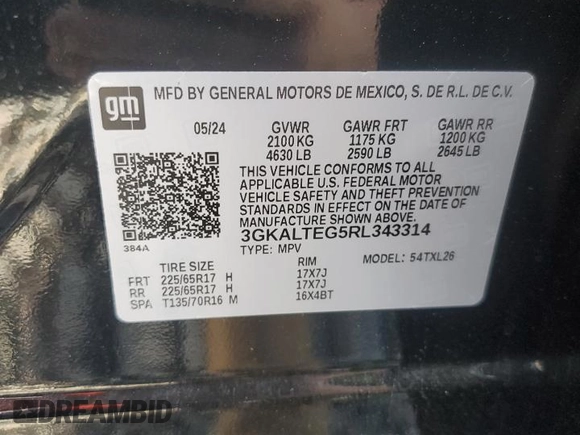 2024 GMC Terrain SLE with VIN 3GKALTEG5RL343314, listed as a Copart auction lot 59940155 with 31,629 mi miles and Salvage title. Bid and sale history available at DreamBid. Image 14.