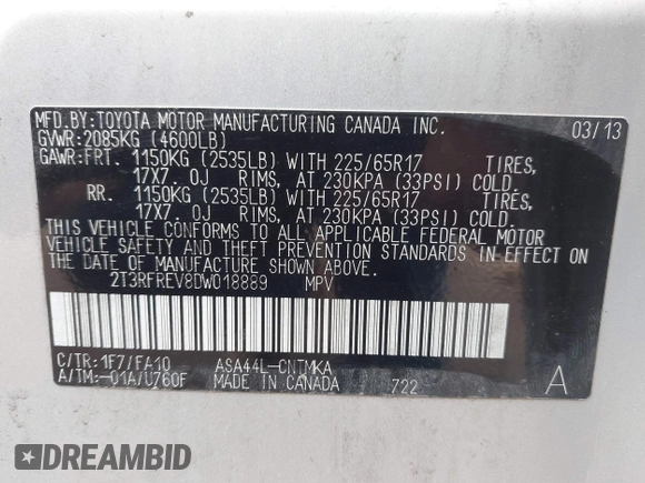 2013 Toyota RAV4 XLE with VIN 2T3RFREV8DW018889, listed as a IAAI auction lot 42249061 with 193,110 mi miles and . Bid and sale history available at DreamBid. Image 9.
