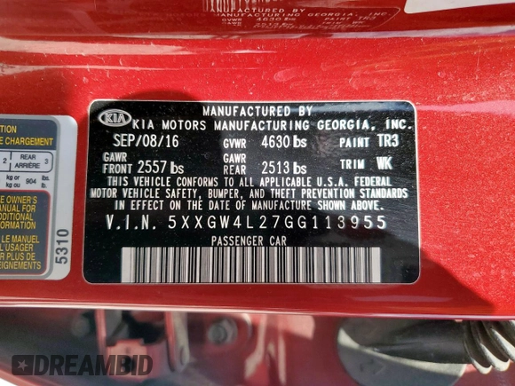 2016 Kia Optima SX Turbo with VIN 5XXGW4L27GG113955, listed as a Copart auction lot 60262045 with 162,632 mi miles and Clean title. Bid and sale history available at DreamBid. Image 12.