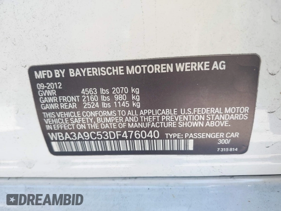 2013 BMW 3 Series 335i with VIN WBA3A9C53DF476040, listed as a IAAI auction lot 42732396 with 96,924 mi miles and . Bid and sale history available at DreamBid. Image 9.