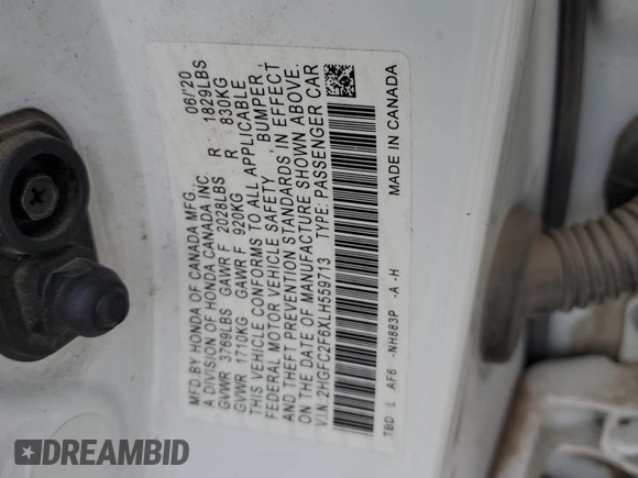 2020 Honda Civic LX with VIN 2HGFC2F6XLH559713, listed as a Copart auction lot 56125545 with 70,561 mi miles and Salvage title. Bid and sale history available at DreamBid. Image 13.