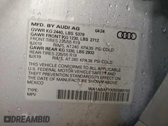 2024 Audi Q5 Premium with VIN WA1ABAFYXR2089153, listed as a Copart auction lot 42320265 with 2,992 mi miles and Salvage Title. Bid and sale history available at carsss.com. Image 13.