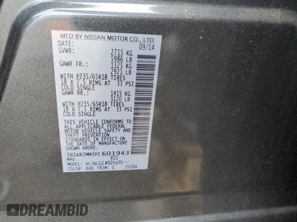 2015 Nissan Pathfinder SL с VIN 5N1AR2MM3FC601943, выставлен на аукционе Copart как лот 56556445 с пробегом Не указан миль и Списание • Salvage title. История ставок и продаж доступна на DreamBid. Изображение 13.