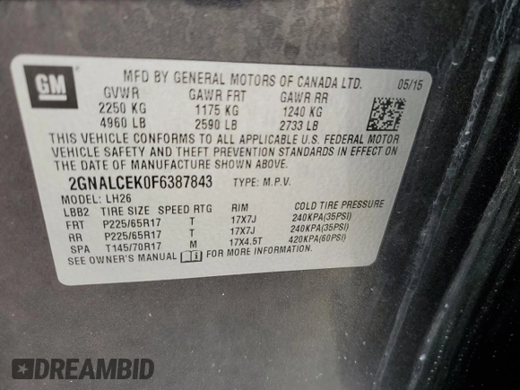 2015 Chevrolet Equinox LT with VIN 2GNALCEK0F6387843, listed as a Copart auction lot 50024625 with 185,069 mi miles and Salvage Title. Bid and sale history available at carsss.com. Image 15.