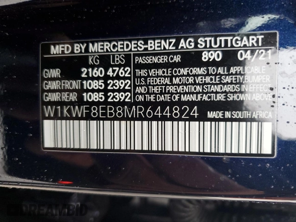 2021 Mercedes-Benz C 300 with VIN W1KWF8EB8MR644824, listed as a Copart auction lot 46286505 with 27,075 mi miles and Non Repairable. Bid and sale history available at carsss.com. Image 12.