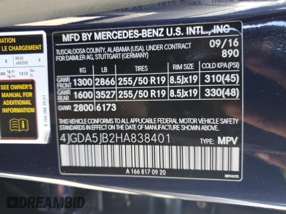 2017 Mercedes-Benz GLE 350 with VIN 4JGDA5JB2HA838401, listed as a Copart auction lot 56355825 with 103,651 mi miles and Salvage title. Bid and sale history available at DreamBid. Image 13.