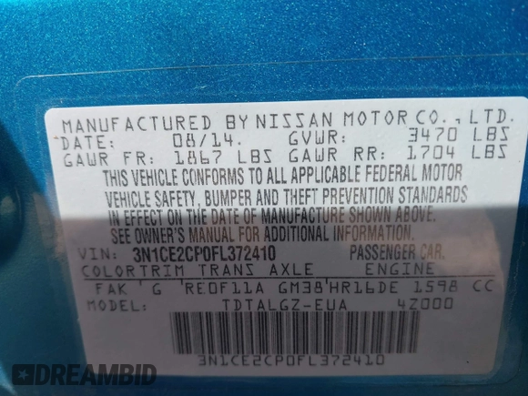 2015 Nissan Note SV with VIN 3N1CE2CP0FL372410, listed as a IAAI auction lot 41701198 with 101,538 mi miles and . Bid and sale history available at DreamBid. Image 9.