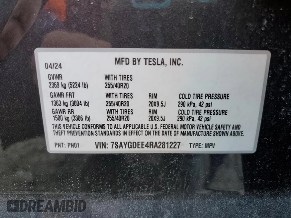 2024 Tesla Model Y Long Range with VIN 7SAYGDEE4RA281227, listed as a Copart auction lot 48356305 with 16,839 mi miles and Salvage Title. Bid and sale history available at DreamBid. Image 13.
