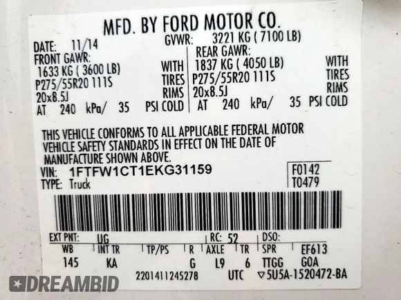 2014 Ford F-150 XL z VIN 1FTFW1CT1EKG31159, wystawiony jako Copart lot #53649415 z przebiegiem 170 295 mil mil oraz Czysty tytuł • Clean title. Historia ofert i sprzedaży dostępna na DreamBid. Obrazek 13.