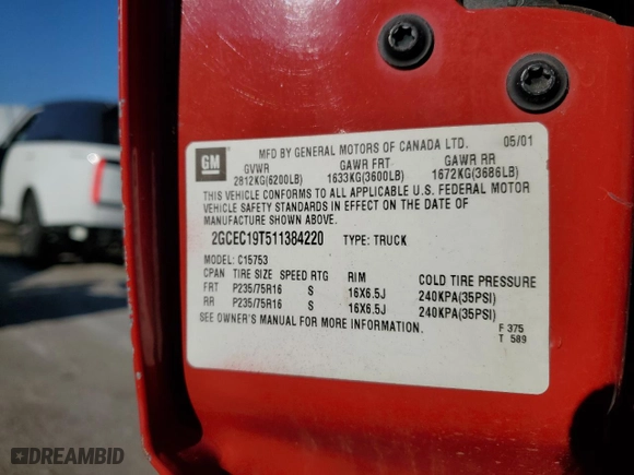 2001 Chevrolet Silverado 1500 LT with VIN 2GCEC19T511384220, listed as a Copart auction lot 75016534 with 252,168 mi miles and Clean Title. Bid and sale history available at carsss.com. Image 12.