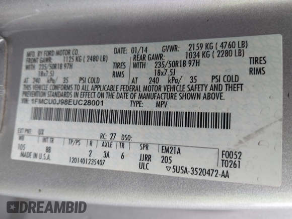 2014 Ford Escape Titanium с VIN 1FMCU0J98EUC28001, выставлен на аукционе IAAI как лот 42442784 с пробегом 163 159 миль миль и . История ставок и продаж доступна на DreamBid. Изображение 9.