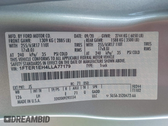 2020 Ford Ranger XL z VIN 1FTER1EH4LLA77179, wystawiony jako IAAI lot #42602270 z przebiegiem 54 999 mil mil oraz . Historia ofert i sprzedaży dostępna na DreamBid. Obrazek 9.