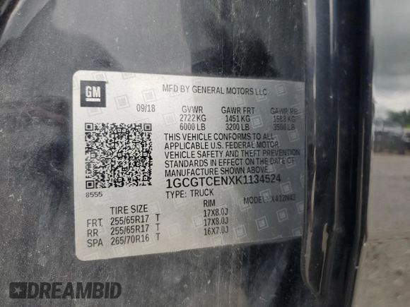2019 Chevrolet Colorado 4WD LT with VIN 1GCGTCENXK1134524, listed as a Copart auction lot 60968805 with 118,049 mi miles and Salvage title. Bid and sale history available at DreamBid. Image 12.