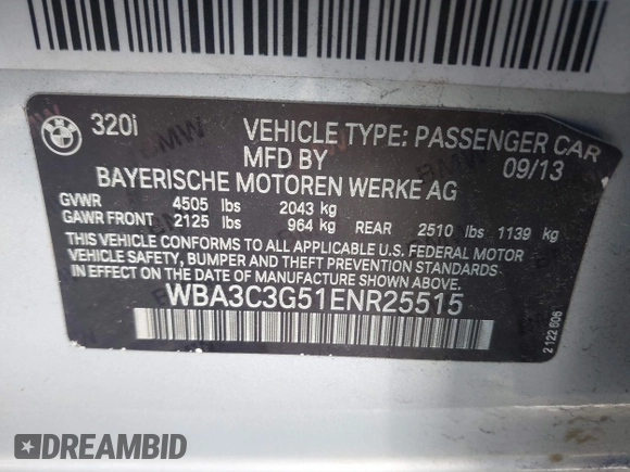 2014 BMW 3 Series 320i xDrive with VIN WBA3C3G51ENR25515, listed as a IAAI auction lot 41150558 with Not Provided miles. Bid and sale history available at carsss.com. Image 9.
