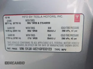 2016 Tesla Model X 70D with VIN 5YJXCAE21GF033123, listed as a IAAI auction lot 39813497 with 162,509 mi miles and . Bid and sale history available at DreamBid. Image 9.