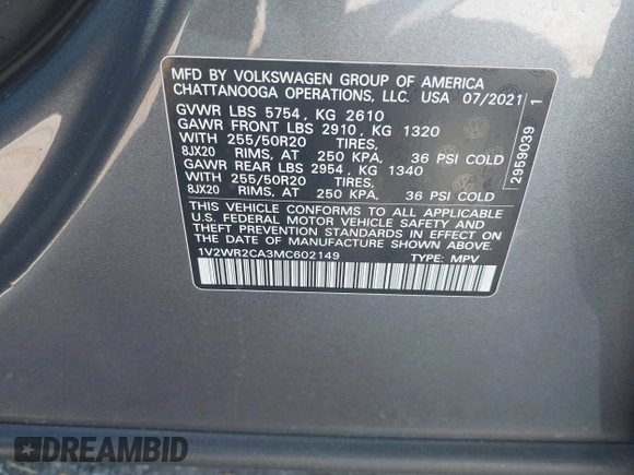2021 Volkswagen Atlas SE with VIN 1V2WR2CA3MC602149, listed as a IAAI auction lot 41845288 with 59,941 mi miles and . Bid and sale history available at DreamBid. Image 9.
