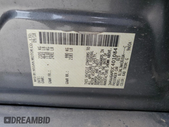 2018 Nissan Maxima SL with VIN 1N4AA6AP0JC401084, listed as a Copart auction lot 54351915 with 44,796 mi miles and Salvage title. Bid and sale history available at DreamBid. Image 13.