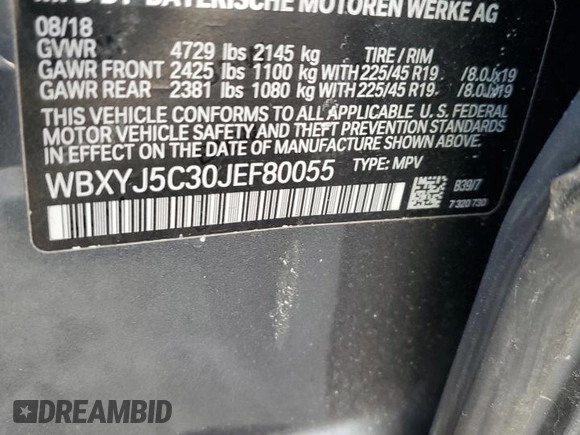 2018 BMW X2 xDrive28i with VIN WBXYJ5C30JEF80055, listed as a Copart auction lot 49510255 with 68,916 mi miles and Salvage Title. Bid and sale history available at carsss.com. Image 13.