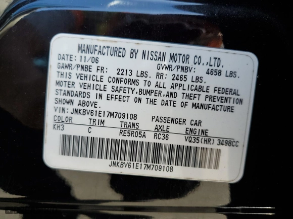 2007 Infiniti G35 Sedan Sport with VIN JNKBV61E17M709108, listed as a Copart auction lot 42463805 with 182,450 mi miles and Salvage Title. Bid and sale history available at carsss.com. Image 12.