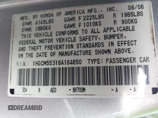 2006 Honda Accord LX SE with VIN 1HGCM55316A164850, listed as a IAAI auction lot 42143778 with 239,839 mi miles and . Bid and sale history available at DreamBid. Image 9.