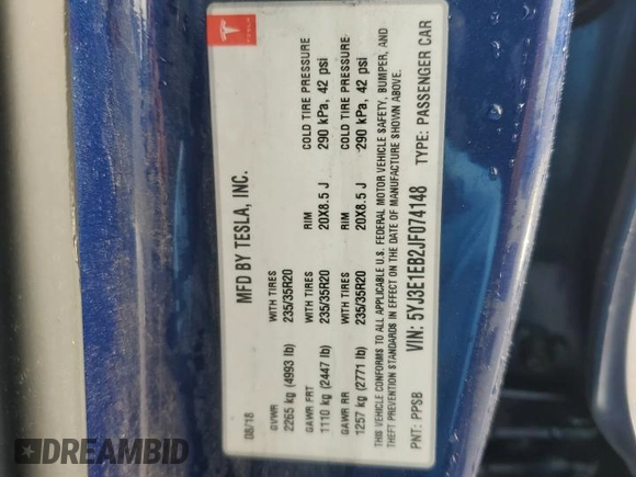 2018 Tesla Model 3 Long Range Battery with VIN 5YJ3E1EB2JF074148, listed as a Copart auction lot 50424975 with 93,822 mi miles and Salvage Title. Bid and sale history available at DreamBid. Image 12.