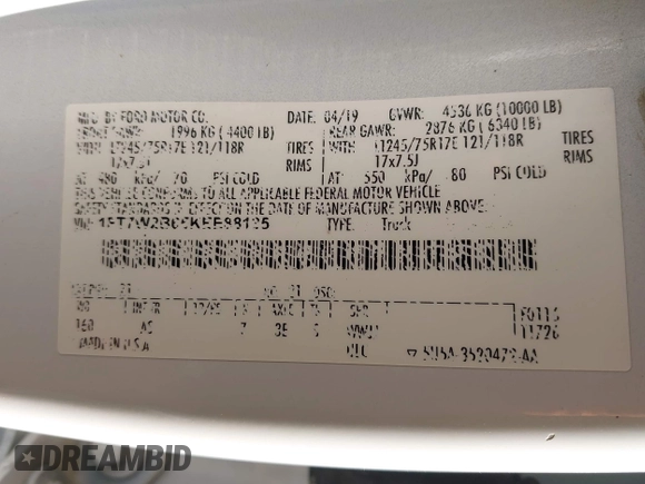 2019 Ford F-250 XL with VIN 1FT7W2B65KEE88135, listed as a IAAI auction lot 42452346 with 94,142 mi miles and . Bid and sale history available at DreamBid. Image 9.