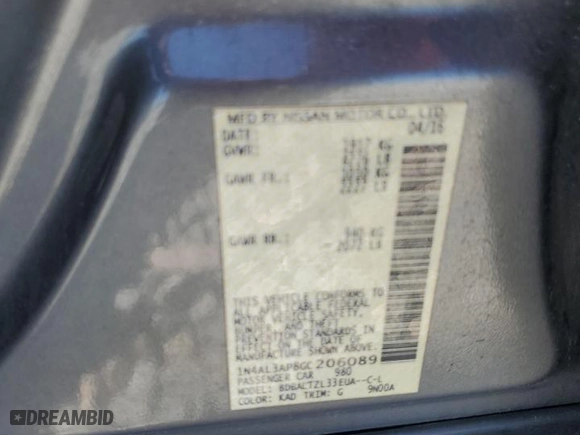2016 Nissan Altima 2.5 SV with VIN 1N4AL3AP8GC206089, listed as a Copart auction lot 53557765 with 178,587 mi miles and Salvage Title. Bid and sale history available at carsss.com. Image 12.