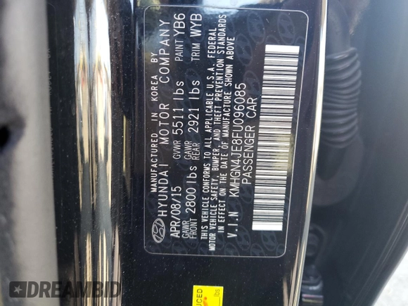2015 Hyundai Genesis 3.8L z VIN KMHGN4JE8FU096085, wystawiony jako Copart lot #54879595 z przebiegiem 161 708 mil mil oraz Szkoda całkowita • Salvage title. Historia ofert i sprzedaży dostępna na DreamBid. Obrazek 13.