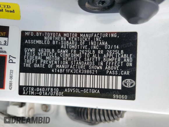2014 Toyota Camry L with VIN 4T4BF1FK3ER398621, listed as a Copart auction lot 50946675 with 71,141 mi miles and Clean Title. Bid and sale history available at DreamBid. Image 12.