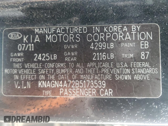 2011 Kia Optima EX with VIN KNAGN4A72B5173539, listed as a Copart auction lot 45141375 with 96,487 mi miles and Salvage Title. Bid and sale history available at carsss.com. Image 14.