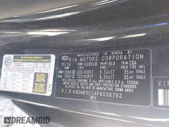 2015 Kia Sedona LX with VIN KNDMB5C14F6036762, listed as a IAAI auction lot 42002812 with 140,518 mi miles. Bid and sale history available at carsss.com. Image 9.