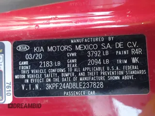 2020 Kia Forte LXS with VIN 3KPF24AD8LE237828, listed as a IAAI auction lot 41770807 with 58,971 mi miles. Bid and sale history available at carsss.com. Image 9.